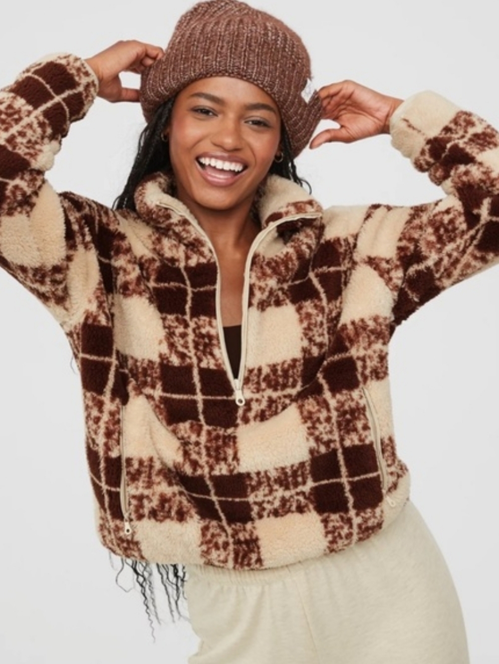 OFFLINE by Aerie Brown Plaid Sherpa Half-Zip Pullover - Size XS